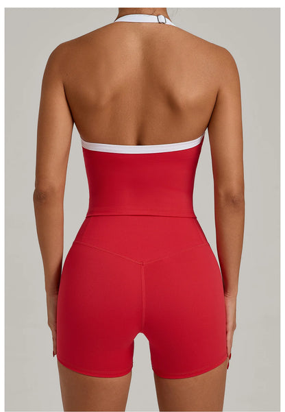 Fashion Patchwork Skinny Shorts Set Gym Women Workout Clothing Summer Sleeveless Backless Fitness Sport Suit Women Sportwear Red