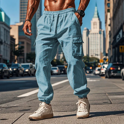 Men's Casual Cargo Pants - Cotton Linen Multi-Pocket Ankle-Length Trousers