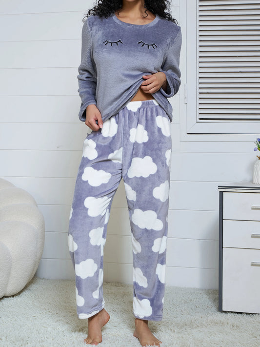 New fall/winter flannel long-sleeved pants and jacket warm set with cloud pattern pajama set soft and comfortable home wear
