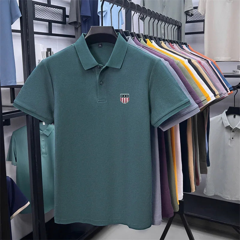 Men's Summer Luxury 100% Cotton Polo Shirt, Lapel Print Short Sleeve T-shirt, Breathable Business Casual Menswear