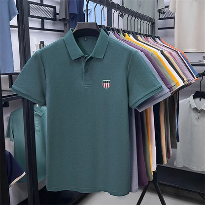 Men's Summer Luxury 100% Cotton Polo Shirt, Lapel Print Short Sleeve T-shirt, Breathable Business Casual Menswear