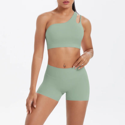 JUREN Yoga Clothes Set 2 Piece Gym Sports Shorts Set Women Tracksuit High Waist Shorts Fitness Suit Running Bra Workout Outfits