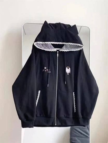 Zipper Hoodie Gothic Cartoon Kawaii Cat Ear Y2k Jacket Zip Up Thin Coat Spring Autumn Cute Core 2000s Clothes Fall Sweatshirts
