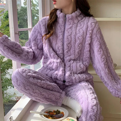 Autumn Winter Sweet Coral Fleece Pajamas Women Fleece-lined Thickened 2023 New Zip-up Flannel Warm Home Wear Set