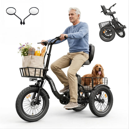 Spacewalk 1200W Peak Electric Trike for Adults, 48V 15Ah Battery 3 Wheel Electric Bike with 60 Miles Range, 18×3.0 Fat Tires, Dual Disc Brakes, Rear Cargo Basket, Adjustable Comfort Seat, Folding E Tricycle for Seniors-Black
