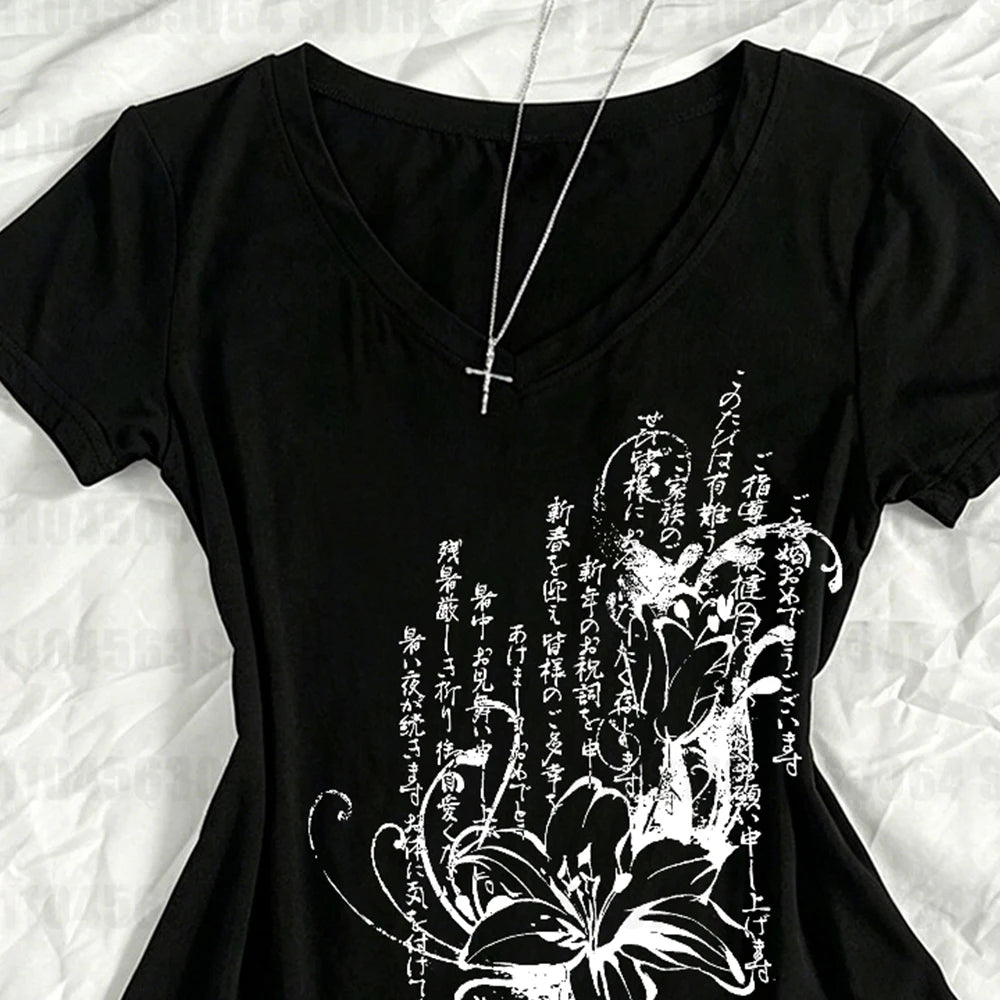 Women's Tee Shirt Summer Gothic Print T-Shirt Short Sleeve Slim Fit Graphic Tops 2000s Grunge E-girls Korean Style Streetwear