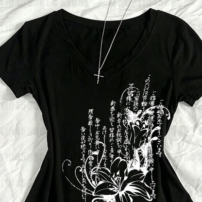 Women's Tee Shirt Summer Gothic Print T-Shirt Short Sleeve Slim Fit Graphic Tops 2000s Grunge E-girls Korean Style Streetwear