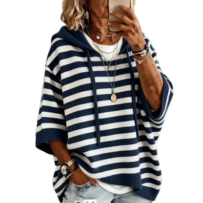 Hooded Pullover Top Women’s Hooded Striped Knit Sweater Loose Half Sleeve Pullover Autumn Winter Drawstring Hoodie for Comfort