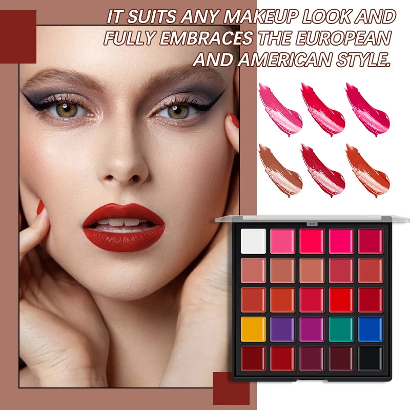 25-Color Matte Lip Palette – Highly Pigmented, Smooth & Blendable, 2-in-1 for Lips & Cheeks, Compact Makeup Palette, Long-Wear