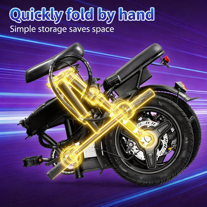 T5 Lightweight Folding Electric Bike for Adults 48V 750W Peak Power 20MPH 18-22 Miles Range 14Inch Disc Brake Commuter E-bike