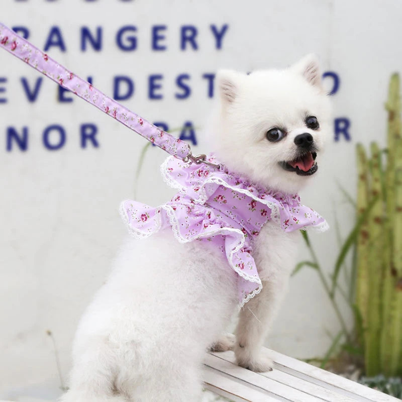Lace Floral Dog Cat Harness Leash Set For Small Dogs Dress Cute Adjustable Pet Harness Vest Breathable Mesh Running Walking Lead