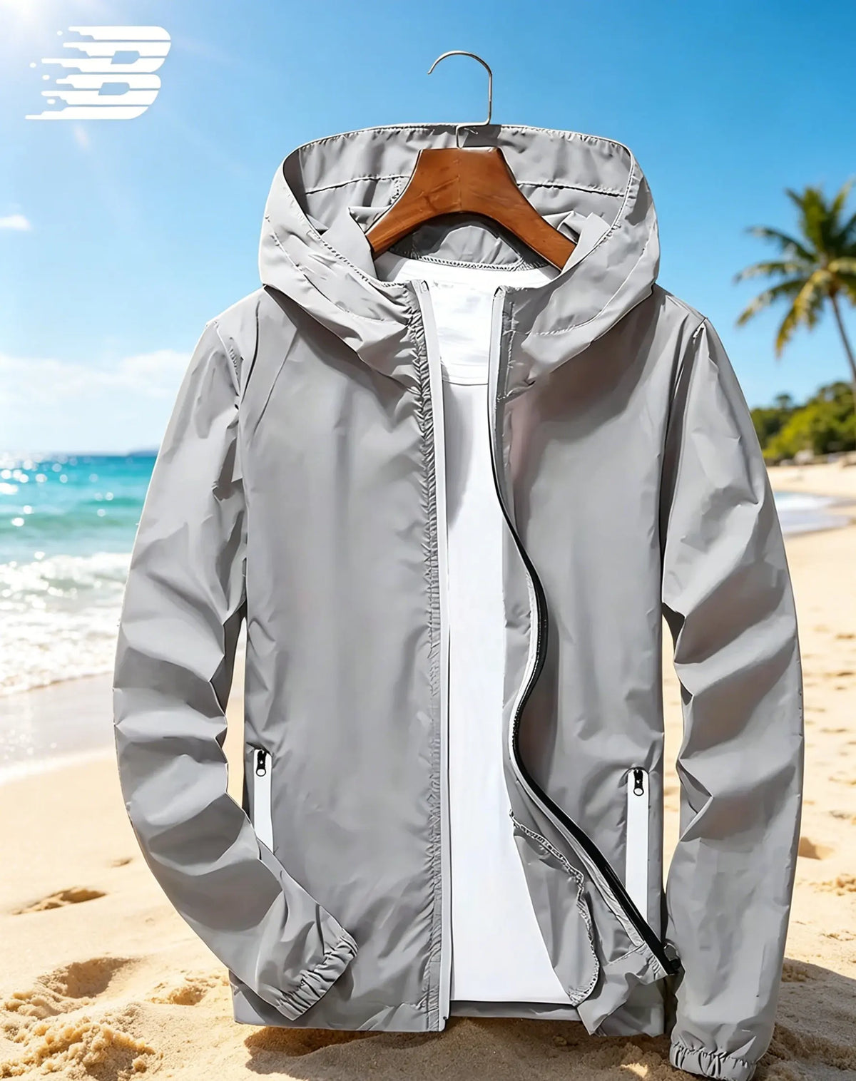 Mens B Logo Hooded Windbreaker Jacket Lightweight Waterproof Windproof Casual Outdoor Sports Hiking Cycling Long Sleeve Coat