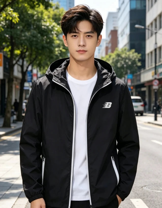 Mens B Logo Hooded Windbreaker Jacket Lightweight Waterproof Windproof Casual Outdoor Sports Hiking Cycling Long Sleeve Coat