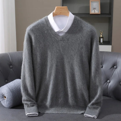 Men's 100% Pure Mink Cashmere Sweater V-neck Pullover Knit Bottoming Shirt Autumn And Winter New Long-Sleeve High-End Mink Tops