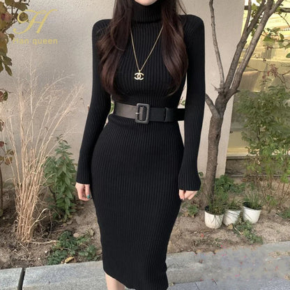Knitted Turtleneck Bodycon Dress - Soft Elastic Midi Party Dress with Belt for Women