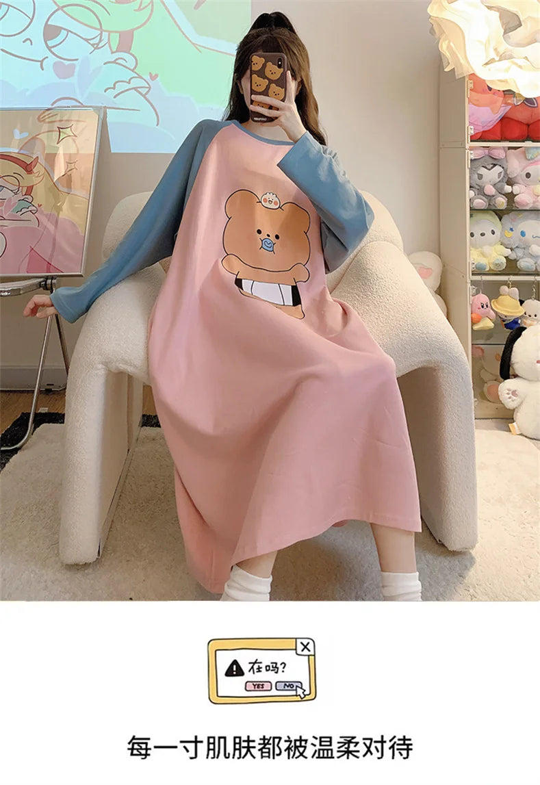 New Spring Summer Cotton Women's Pajamas Cute Long-sleeved Nightdress Cartoon Print Dress Home Service