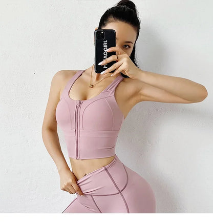 Front Zipper Sports Bra - Women's Athletic Crop Top, Push Up Wireless Fitness Tank