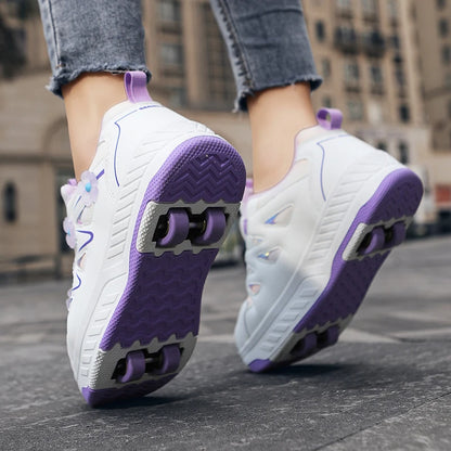 Girls Roller Skates Four-wheel Outdoor Shock-absorbing Casual Sports Shoes Soft Walking Comfortable Flat Wheel Shoes for Kids