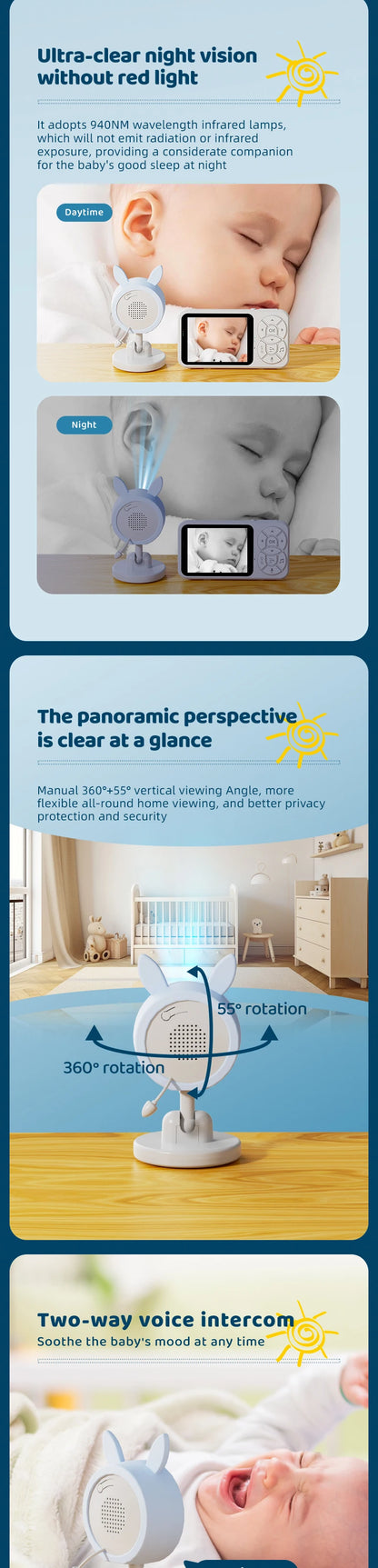 DANMINI new 3.5 "RGB night light baby monitor with night vision temperature detection voice intercom baby nanny security camera