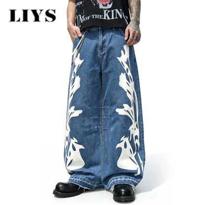 LIYS Men's American High Street Flame Printed Jeans Retro Fashion Loose Wide Leg Hairy Straight Leg Floor Pants Trendy Brand Y2K