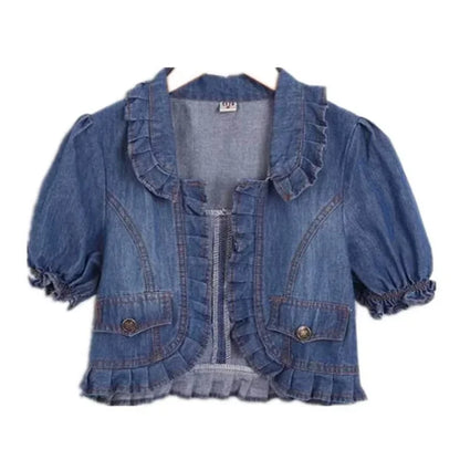 Vintage Blue Denim Jackets Short Sleeve Slim Fit Summer Women Jacket Coats Cute Petter Pan Collar Ruffled Sweet Women Japanese