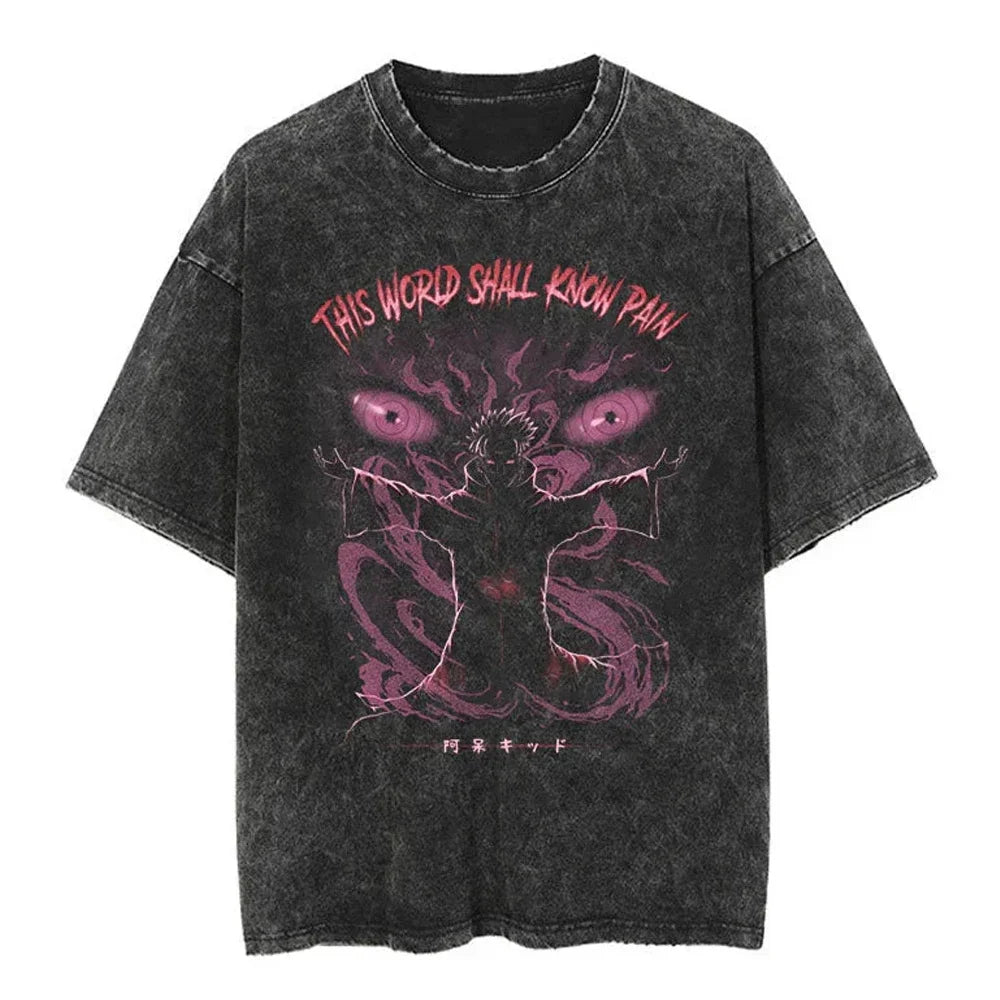 Men Streetwear Tshirt Japanese Naruto Anime Graphic T-Shirt Cotton Harajuku Washed T Shirt Summer Hip Hop Tops Tees Black