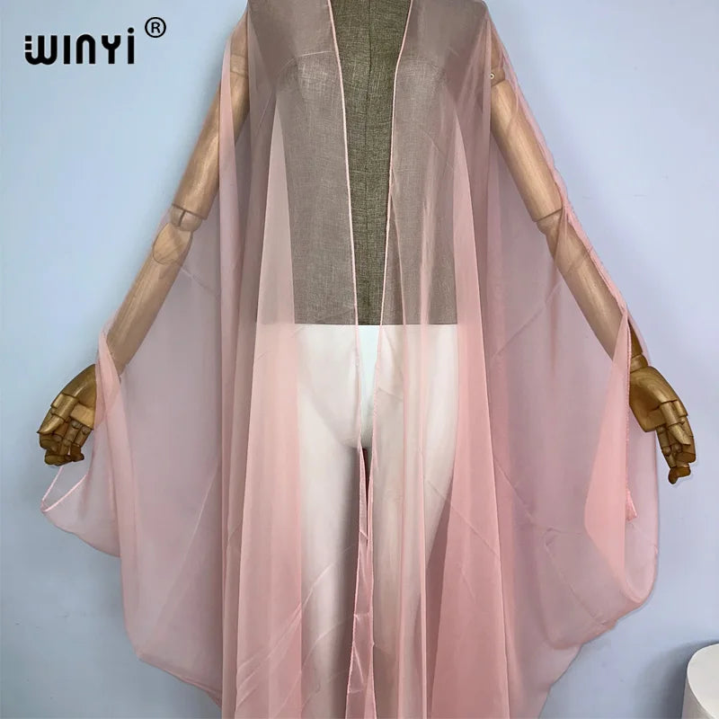 WINYI Beach sexy Cover Ups for Swimwear Women Kimono Swimsuit Cape Summer Dress 2023 Beachwear Monochrome perspective yarn dress