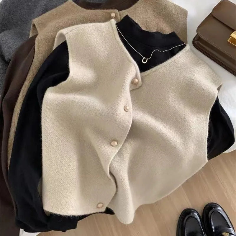 Crew Neck Women's Korean Solid Button Short Sleeve Cardigan Coats Sweater Knitted Sleeveless Ladies Elegant Tanks Bottoming