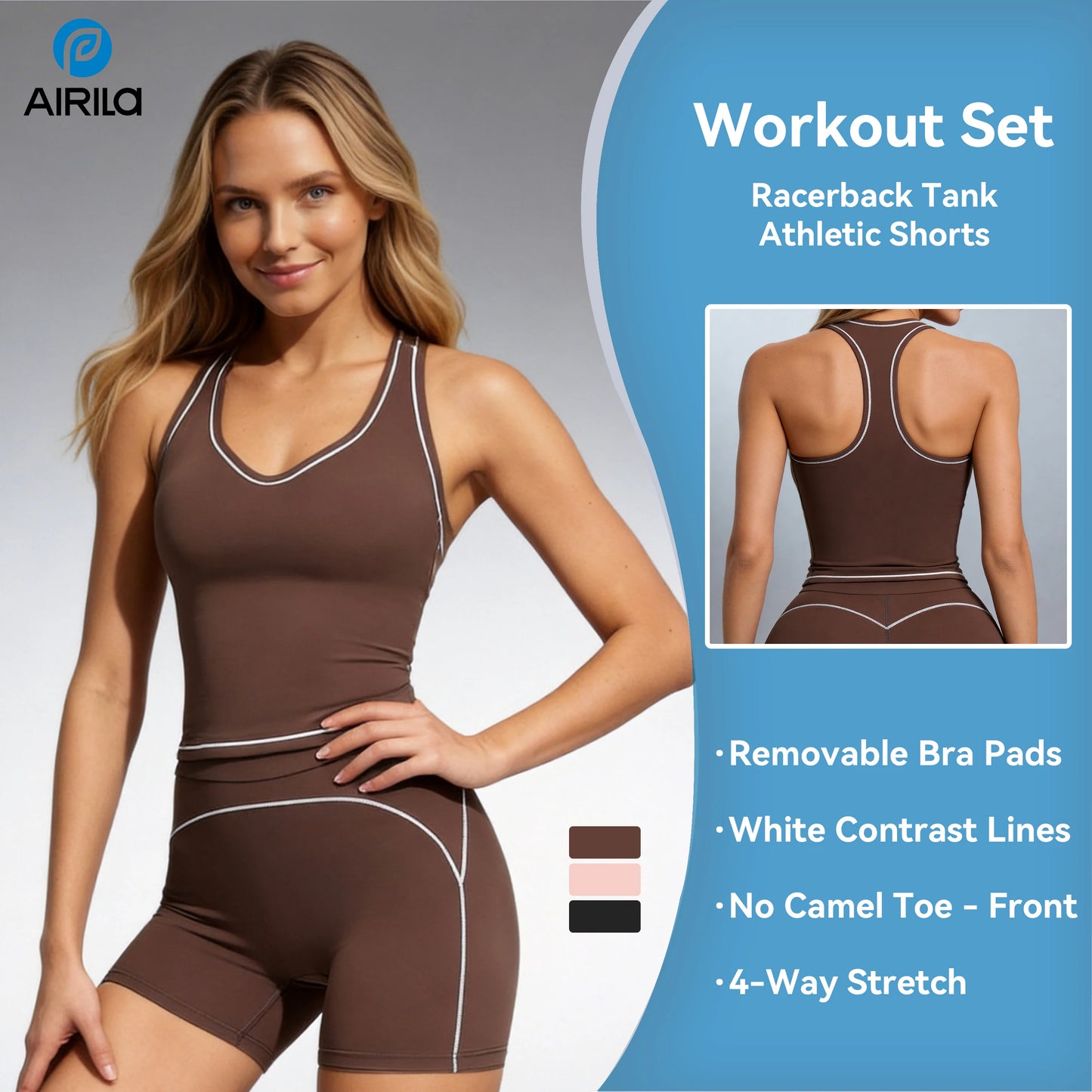 Airila 2-Piece Yoga Set, Racing Vest Yoga Shorts, Outdoor Sports Shorts, Removable Pads, 4-Way Stretch Fitness Shorts