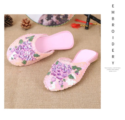 36-40 Women Slippers Sequin Embroider Shoes Summer Silk Fabric Flats Flower Closed Toe Soft Sole Non-slip Chinese Style Footwear