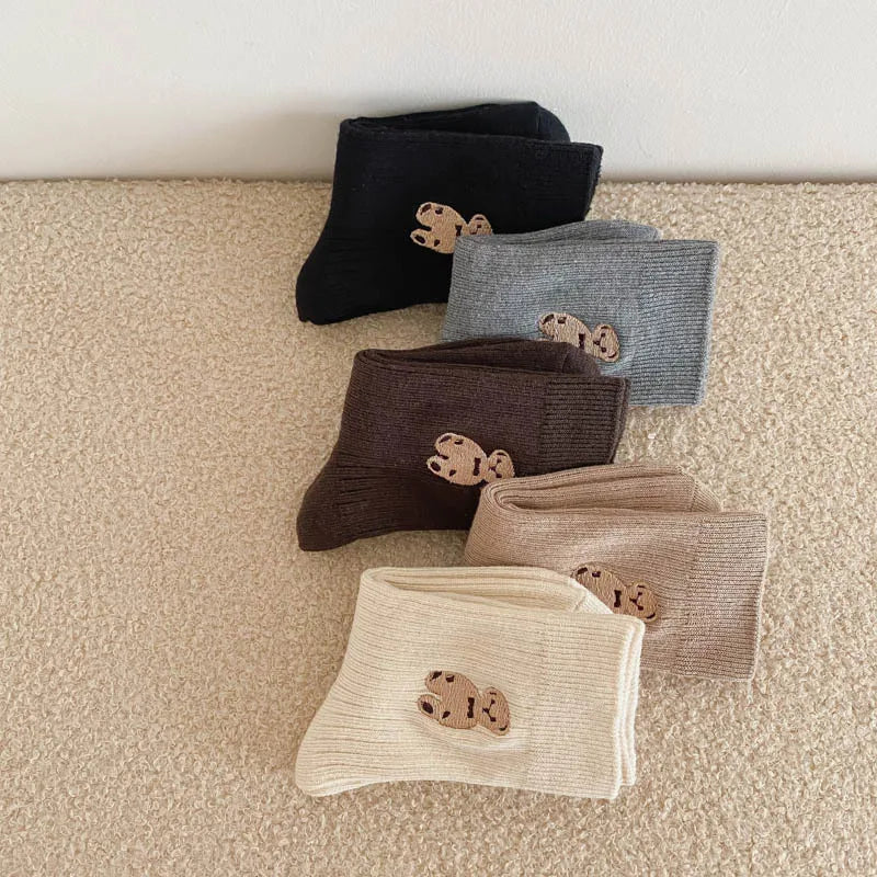 1 Pairs Cotton Kids Socks Korean Retro Style Bear Embroidery Girls Boy Toddler Knitted Socks Warmth Tube Socks For 1-9 Year