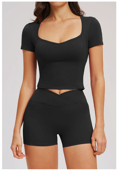 2 Pieces Workout Sports Sets Fitness Set Women Tracksuit Workout Outfits Running Sports Shorts Gym Suit Short Sleeve Yoga Top