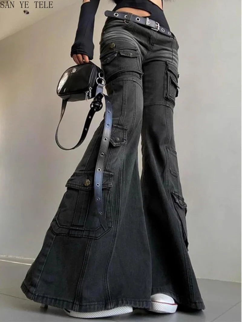 Retro Multi Pocket Y2K Flared Pants Women's Black Low Waisted Denim Cargo Jeans Gothic Stretch Slim Spicy Girl Workwear Trousers
