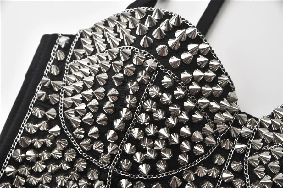 Silver Rivets Rave Rock Straps Push Up Bra For Women Hot And Sexy Bralette Top y2k Steampunk Brassiere Pole Dance Nightclub Wear