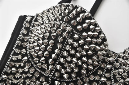 Silver Rivets Rave Rock Straps Push Up Bra For Women Hot And Sexy Bralette Top y2k Steampunk Brassiere Pole Dance Nightclub Wear