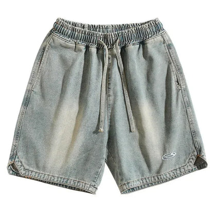 Baggy Denim Shorts - Men's Summer Casual Streetwear With Embroidery & Elastic Waist
