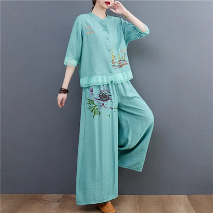 Spring Summer Women Leisure Large Size 5XL 2PCS Middle Aged Mother Mother Cotton Linen Suit 2025 Female Embroidery Two-piece Set