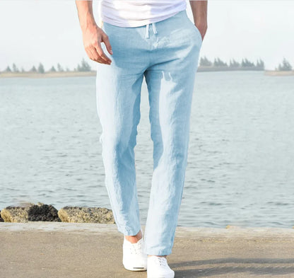 New Men Cotton Linen Pants Summer and Autumn Solid High Waist Wide-Leg Trousers Male Loose Hemp Casual Breathable Sports Pants