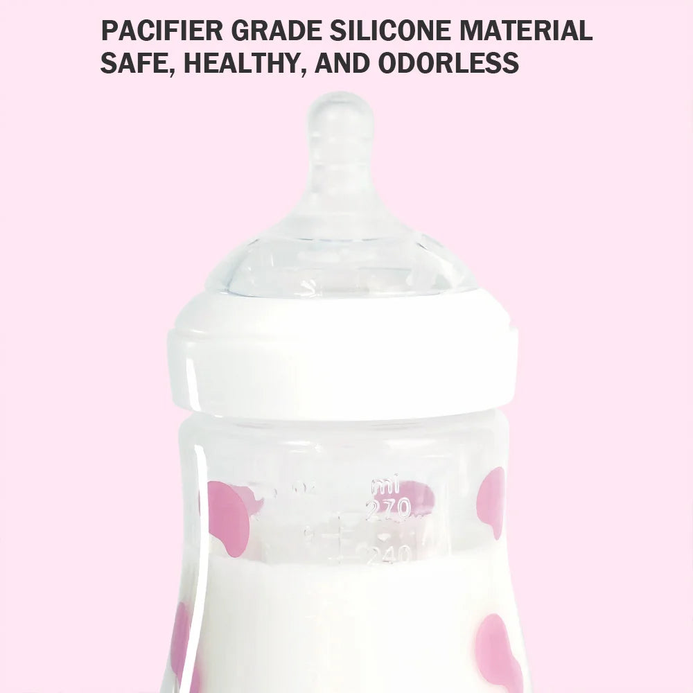 180ML/270ML cute cow shaped anti bloating baby PP bottle without handle, silicone replacement nipple available for sale