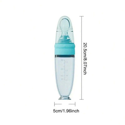 New 90ml/3OZ Colorful Silicone Baby Bottle Feeder with Soft Spoon, Suction Cup and Dust Cap, Portable Squeeze Feeding Bottle