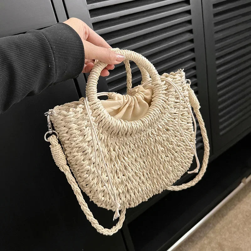 Straw Rattan Handbag – Large Capacity Half Moon Purse | Hollow Out Shoulder Bag