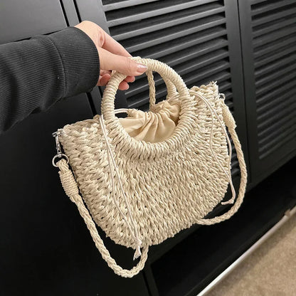 Straw Rattan Handbag – Large Capacity Half Moon Purse | Hollow Out Shoulder Bag