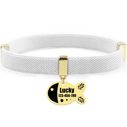 Free Customized Cat Collar Cute Fish Metal Necklace Pet ID Name Tag Personalized GPS Tracker Kitten Dog Breakaway Elastic Collar