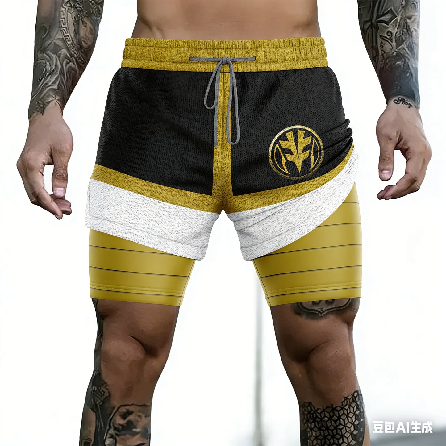 Bandai Periphery Power Rangers Men's Double Layer 2-In-1 Performance Gym Shorts Summer Quick-Dry Comfy Lightweight Beach Shorts