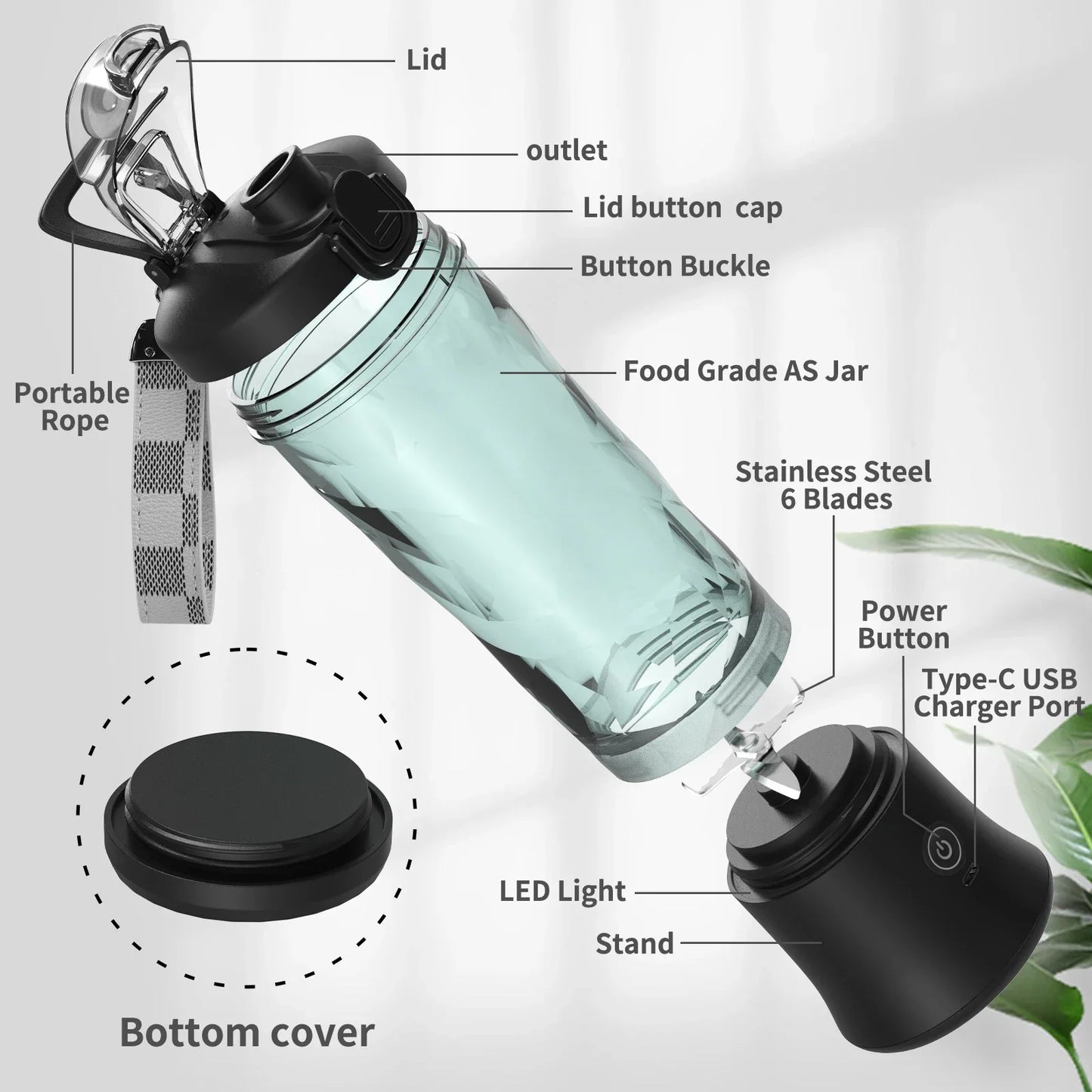Portable Electric Blender - 600ML USB Rechargeable Fruit Mixer