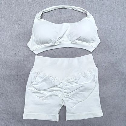 Shorts Set 2 Pieces Seamless Yoga Set Workout Tracksuit Women Halter Sport Bra And Low Waist Scrunch Bum Gym Shorts Suits