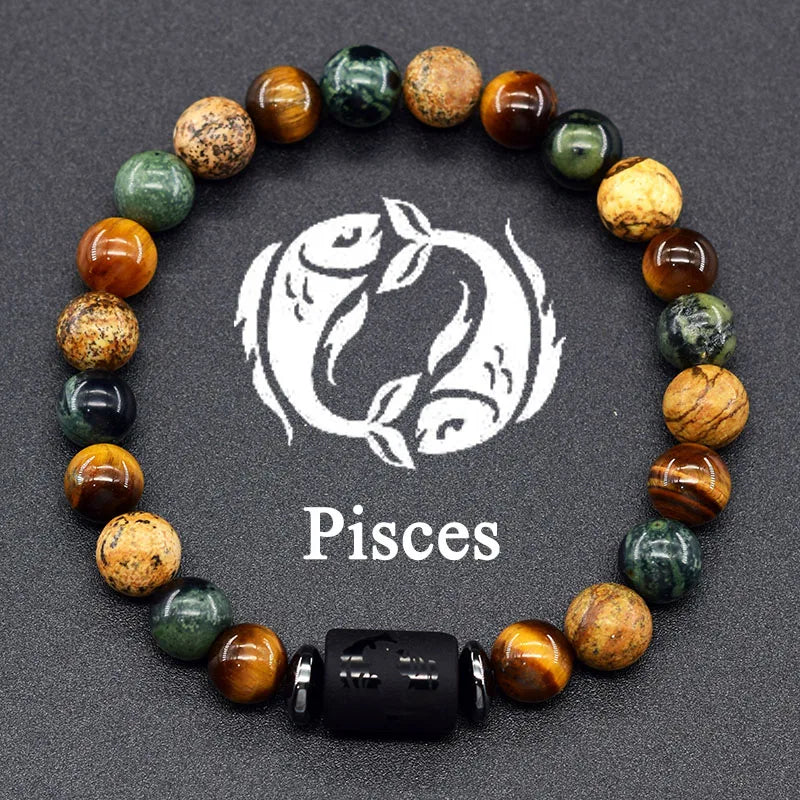 12 Zodiac Constellation Signs Bracelets for Men Women Real Natural Tiger Eye Stone Bead Bracelet Leo Taurus Charm Couple Jewelry