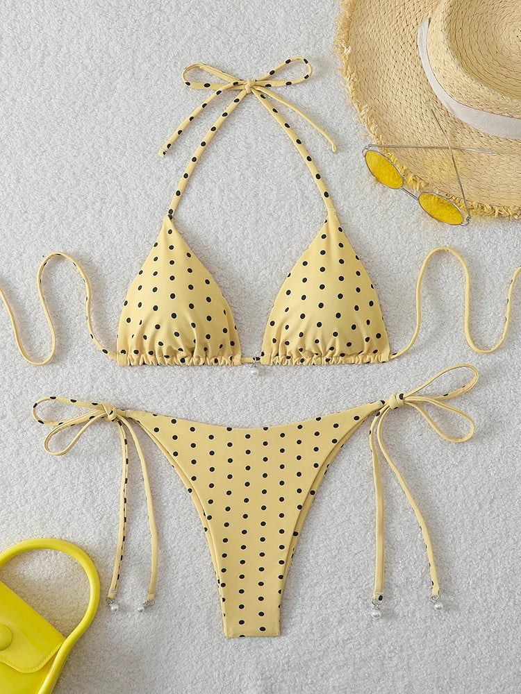 Micro Bikinis Set - Women's Swimwear Dot Print Halter Neck Lace Up Bikini