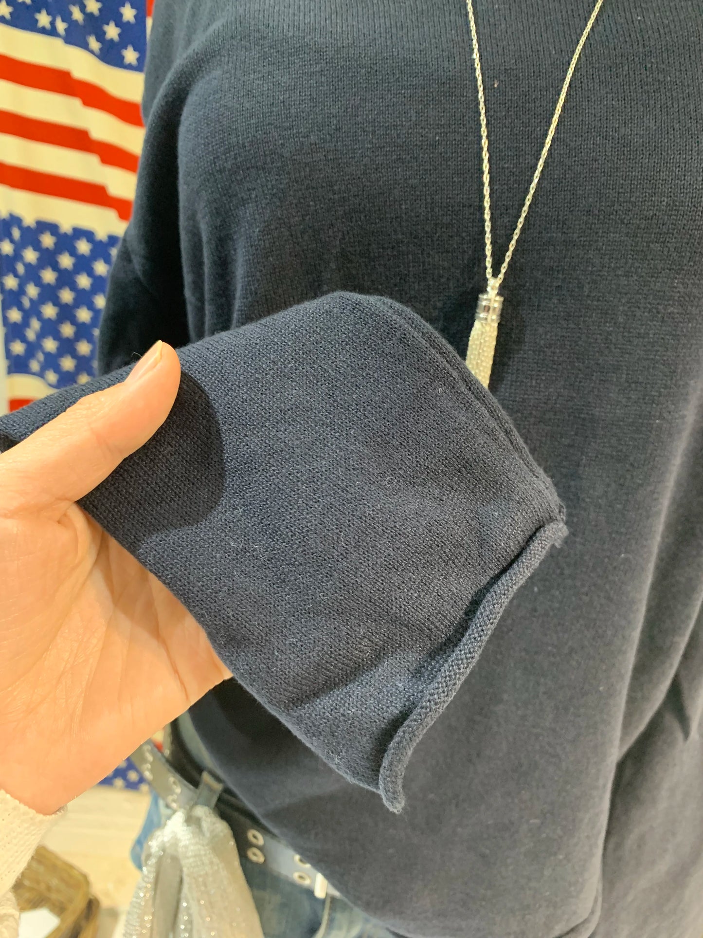 Raw Hem Navy Long Sleeve T-shirt Autumn Sweet Round Neck Cotton Tee Shirt For Woman Casual Vintage Streetwear Cute Tshirt Top