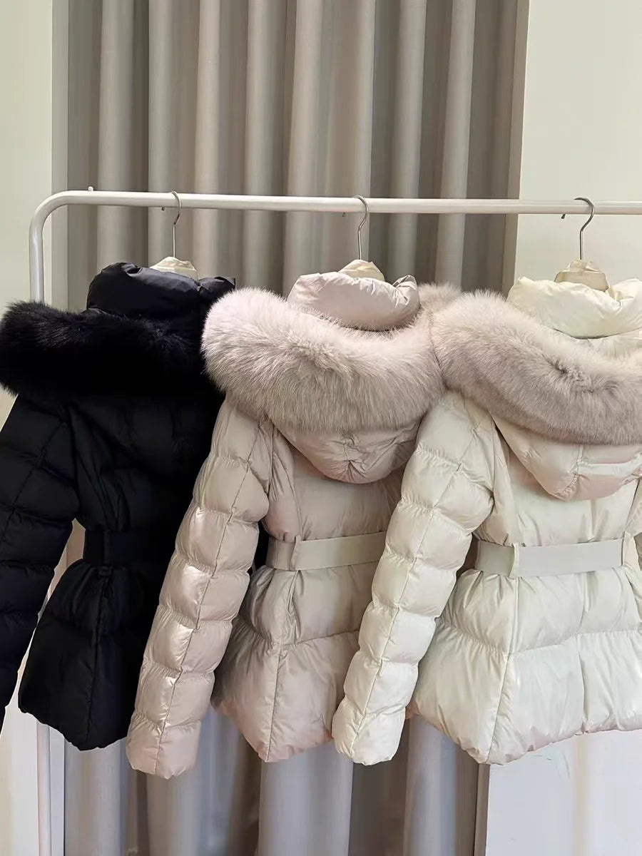 Korean New Winter Slim Waist Fitted Plus Size Thick Down Cotton Parkas Women Big Fur Collar Warm Coat Fashion Trendy Warm
